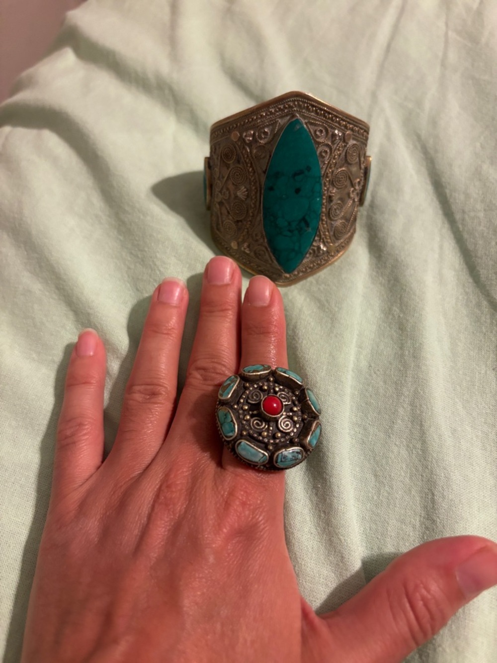 Turquoise Stone Filigree Cuff Bracelet and Ring Set - Women Jewelry - Picture 2 of 4